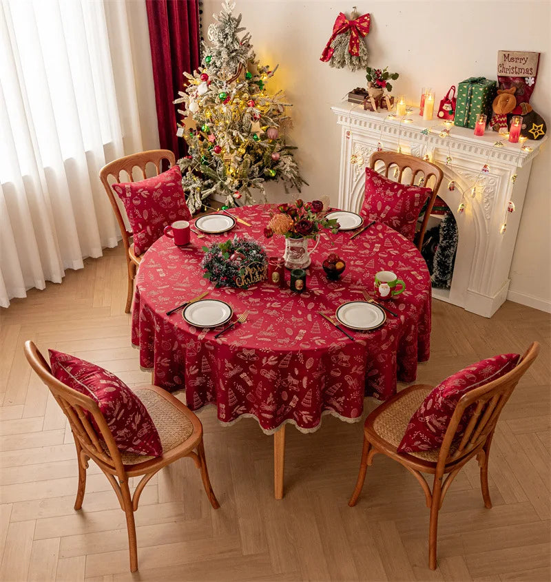 Mantel redondo navideño de Jacquard rojo, mantel impermeable con borde dorado de ciervo, con decoraciones de Navidad y forro de cojines