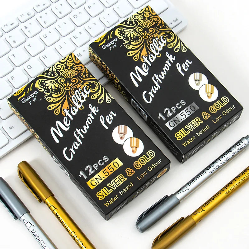 Bolígrafos de pintura acrílica permanente plateada/dorada, para pintura en variadas superficies, de punta suave/dura de 1-5MM