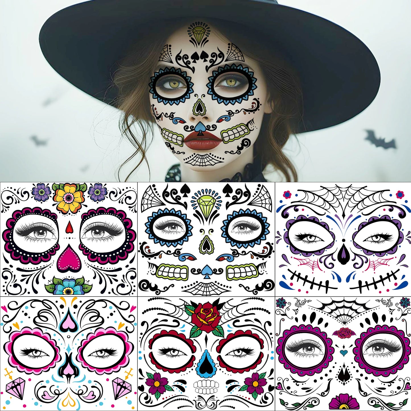 6 Hojas de Tatuajes Temporales para Halloween, Duraderos e Impermeables para Hombres y Mujeres