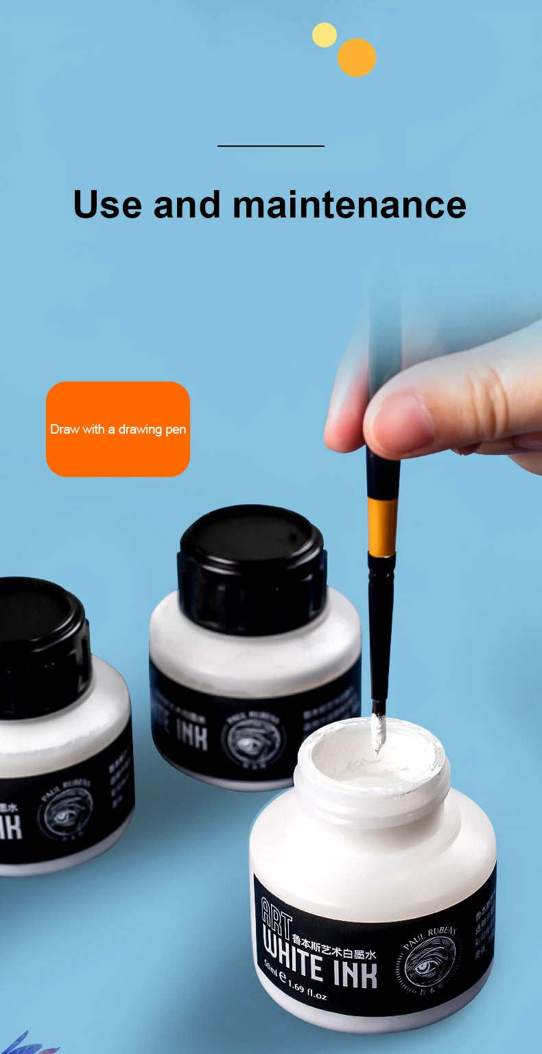 Tinta Blanca para Dibujo Paul Rubens Cartoonist de 50 ml para Pintura Artística con Pincel o Plumilla, Tinta Blanca Altamente Opaca para Resaltos y Correcciones