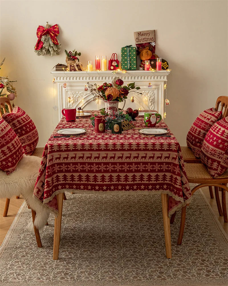 Mantel rojo navideño,  Jacquard, encaje dorado