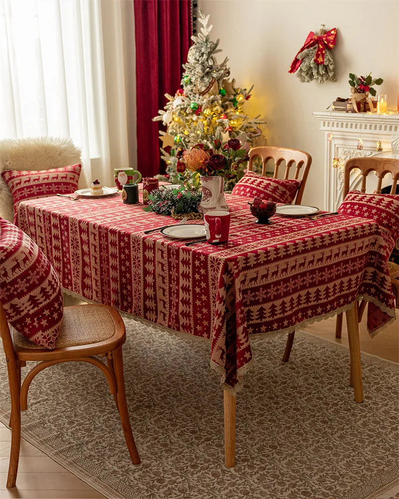Mantel rojo navideño,  Jacquard, encaje dorado