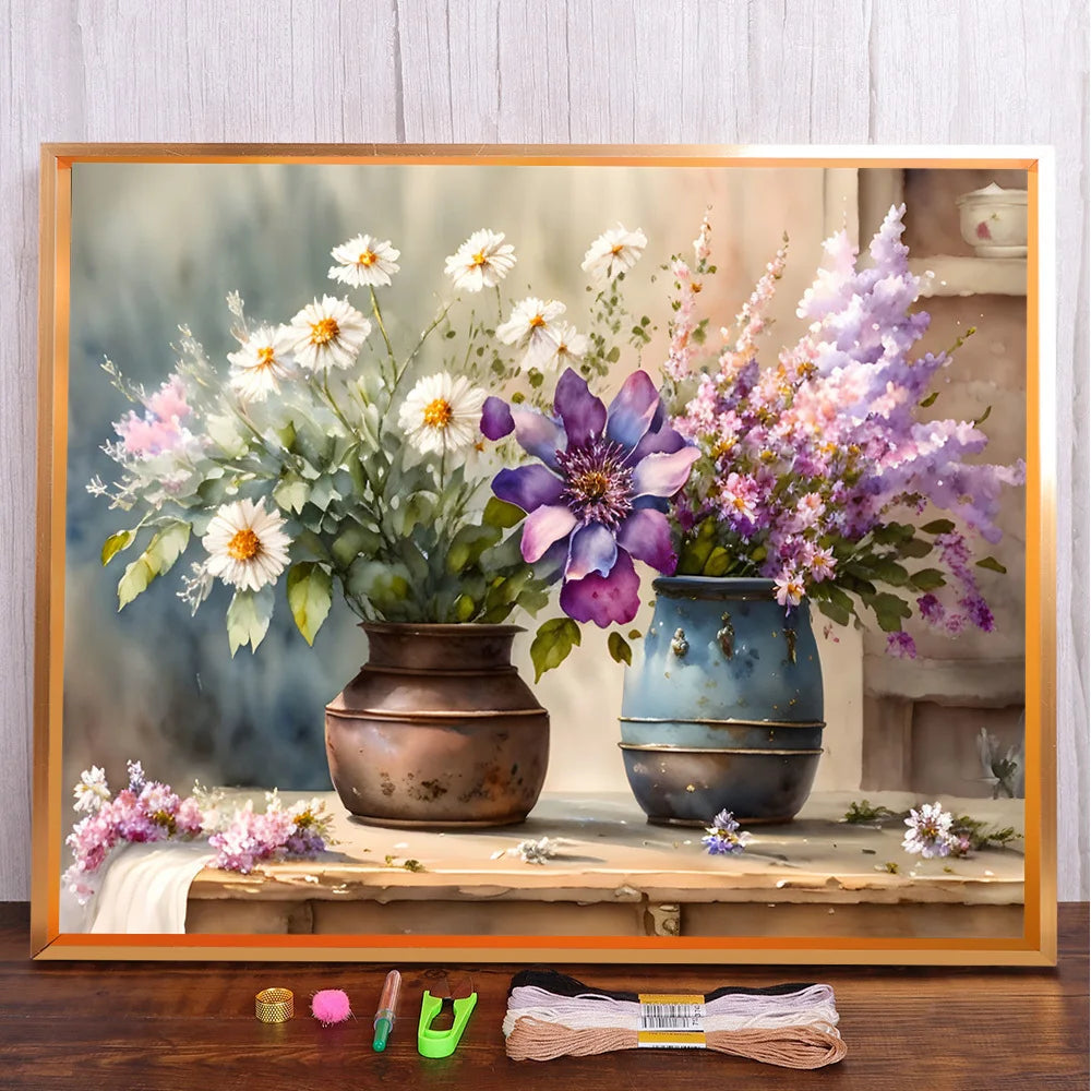 Flores-Kit completo de punto de cruz preimpreso