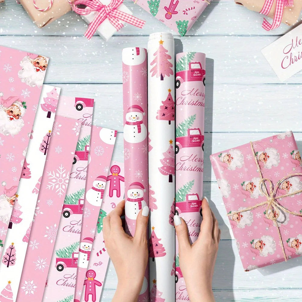 Juego de papel para envolver regalos de Navidad rosa, 6 uds.