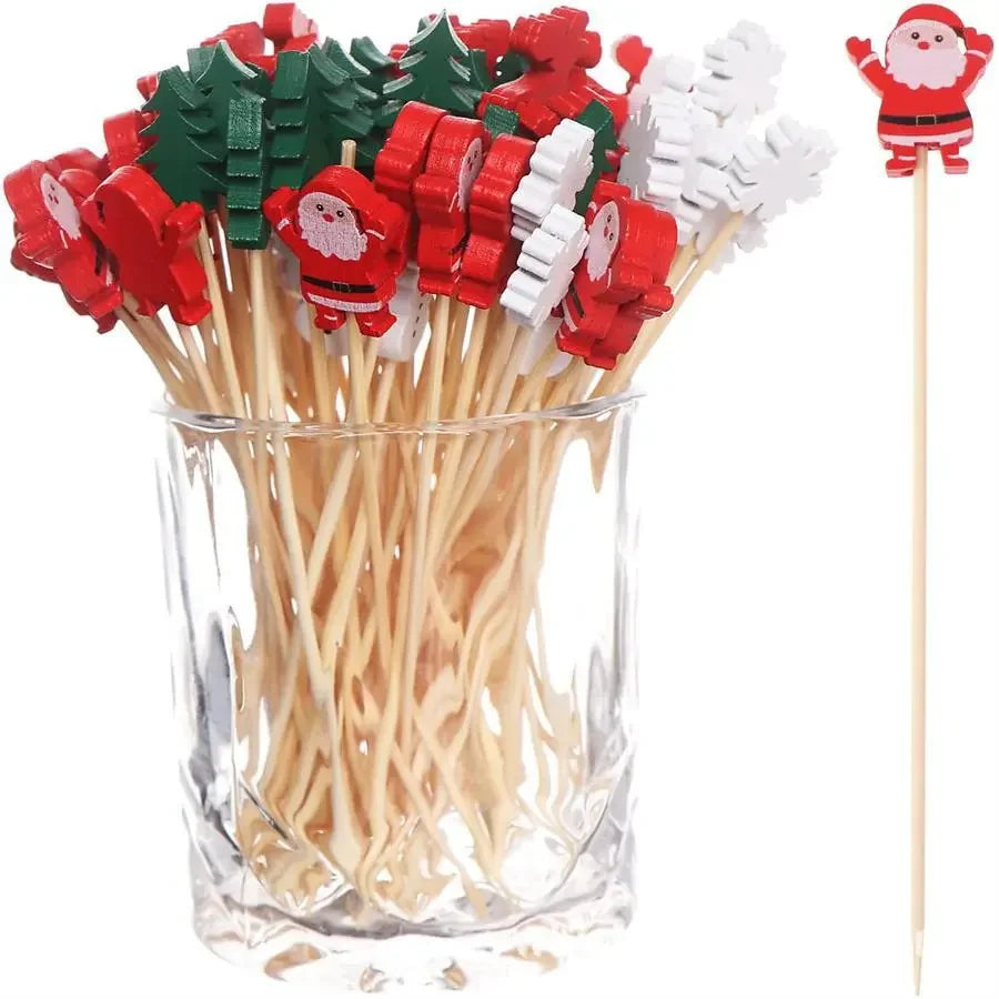 50 unids/set palitos de fruta de Navidad de bambú desechables