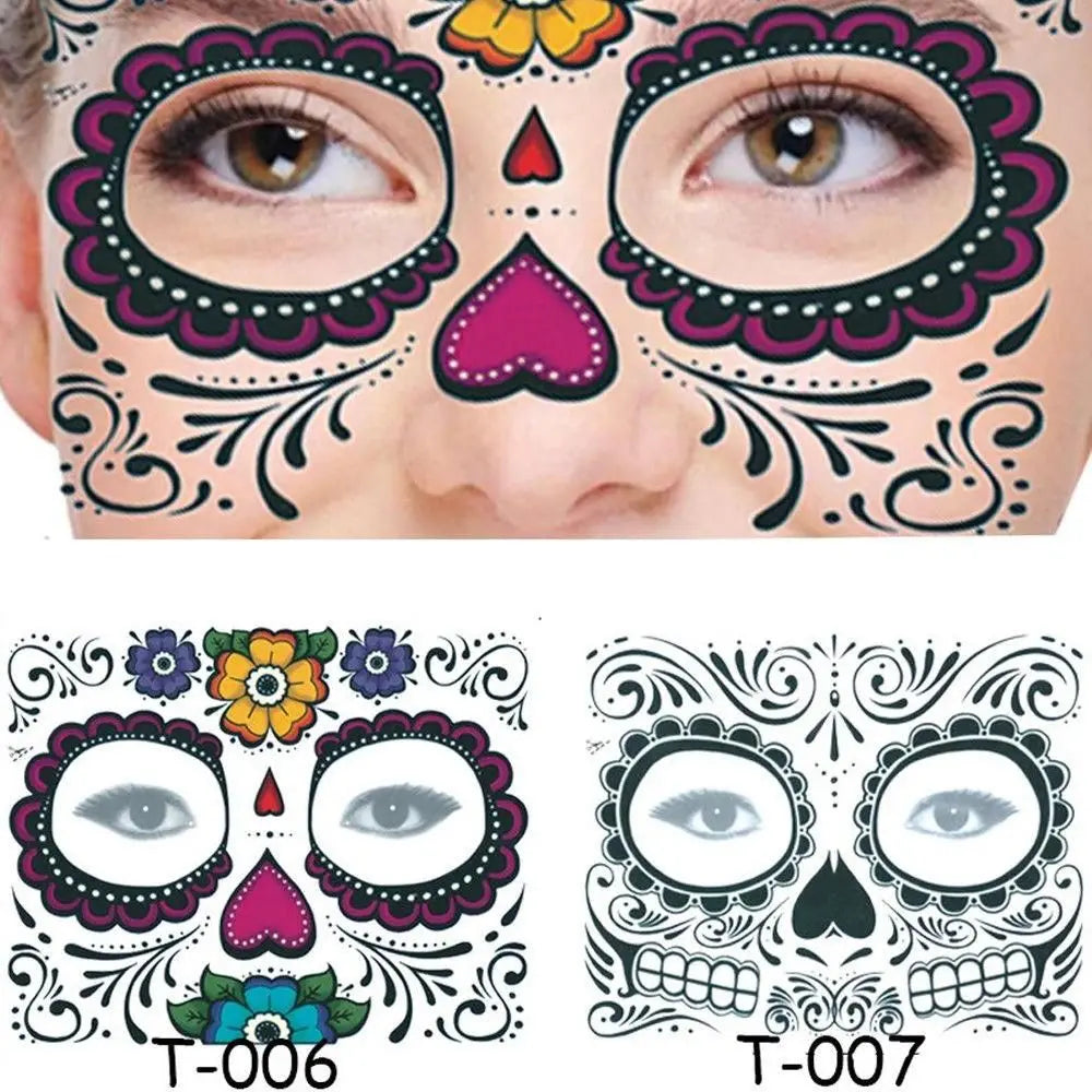 Tatuaje temporal de Día de los muertos, maquillaje Facial de Halloween impermeable, 1 unidad