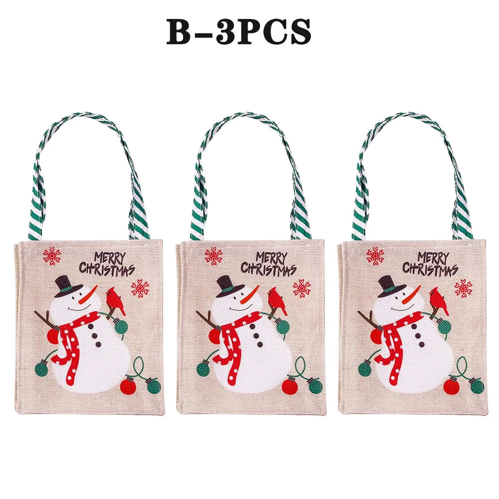Bolsas de Navidad con estampado de muñeco de nieve y Papá Noel, de yute natural para regalo