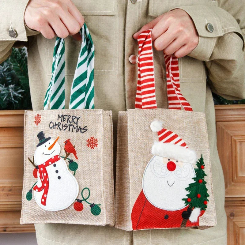 Bolsas de Navidad con estampado de muñeco de nieve y Papá Noel, de yute natural para regalo