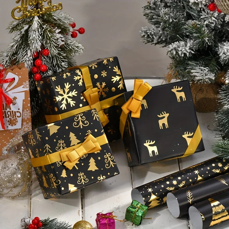 Paquete de 6 papel de regalo navideño de lámina negra y dorada