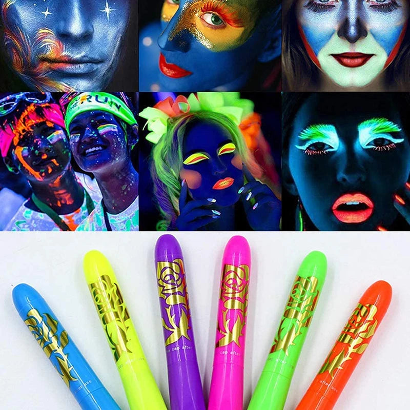 Kit de maquillaje fluorescente para Halloween, 6 piezas, brilla en la oscuridad, luz negra, UV, neón, cara, cuerpo, crayón, marcador