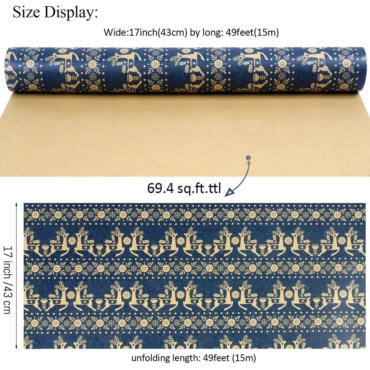 1 rollo de papel de regalo navideño de 43 cm x 15 mts aprox., papel Kraft, copo de nieve, diseño floral y de renos de Navidad