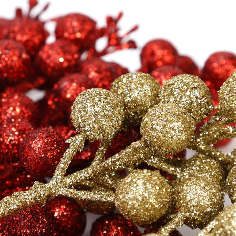 Brillo Artificial de Navidad, ramas de bayas rojas, polvo dorado, bayas de acebo, flores falsas, adornos de árbol de Navidad