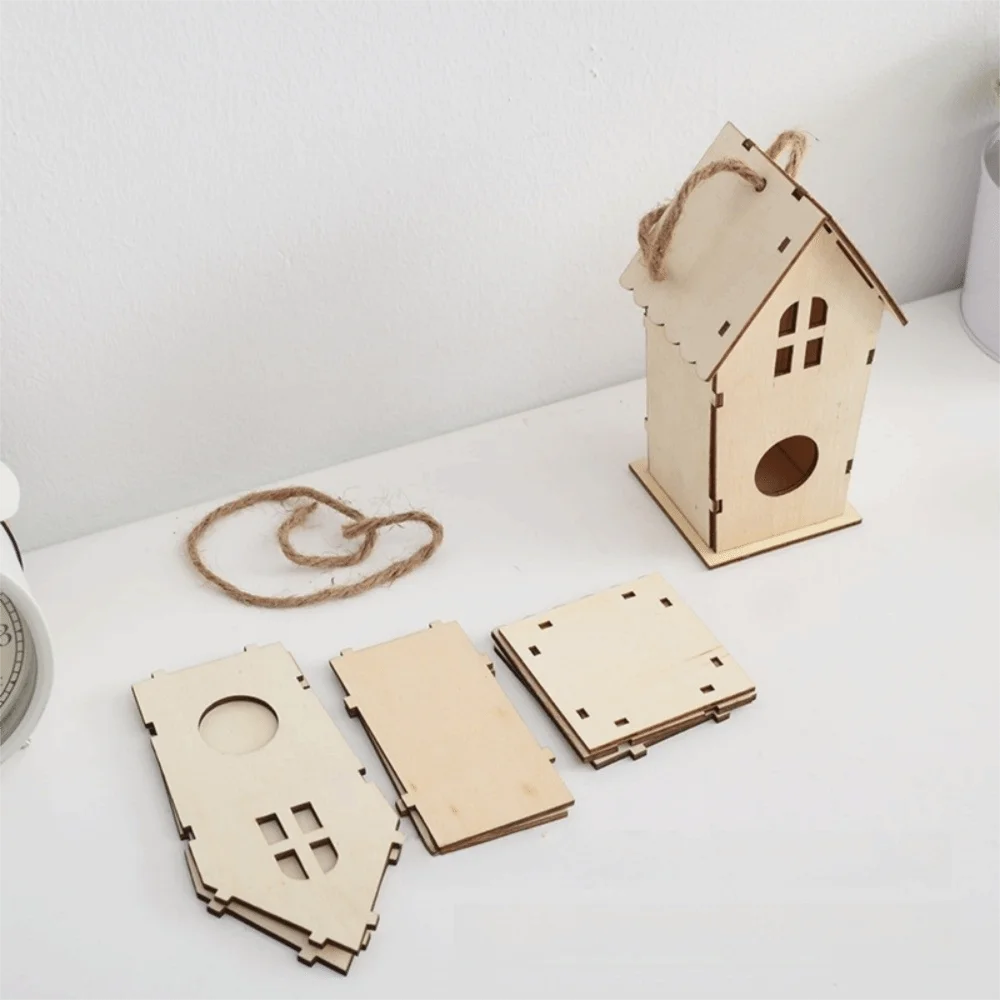 Casa para pájaros de madera con cuerda de cáñamo para colgar, pintar