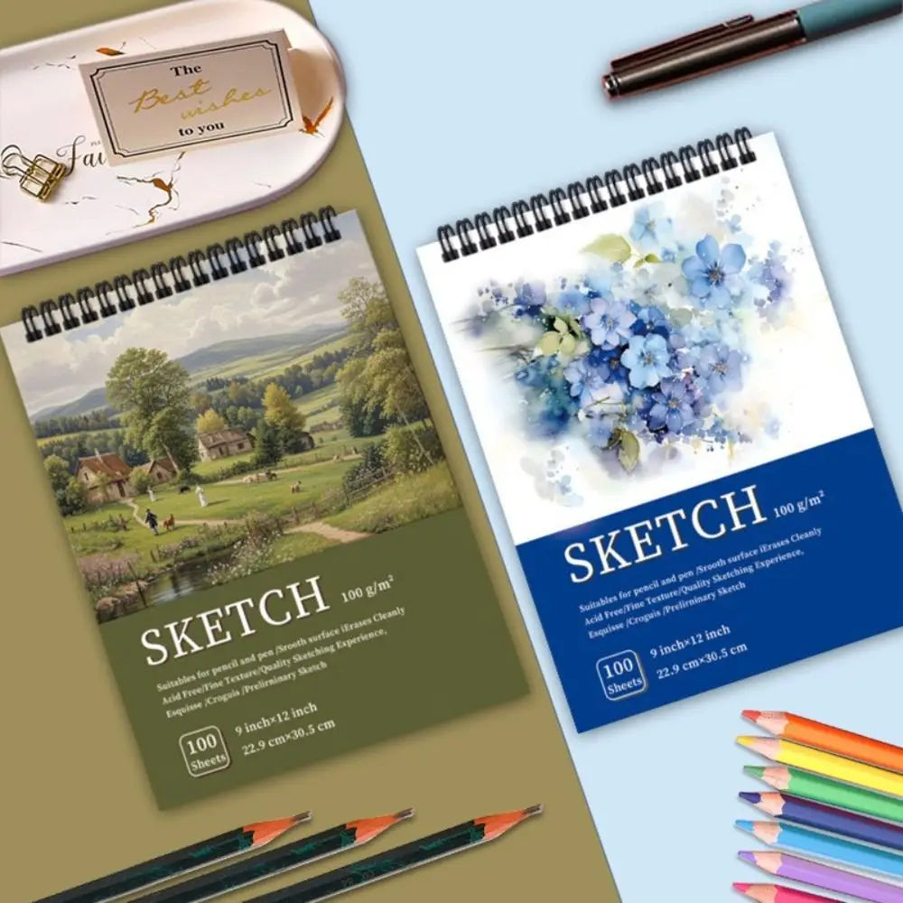 Cuaderno de bocetos en espiral de 100 hojas, portátil, con páginas perforadas, papel sin ácido