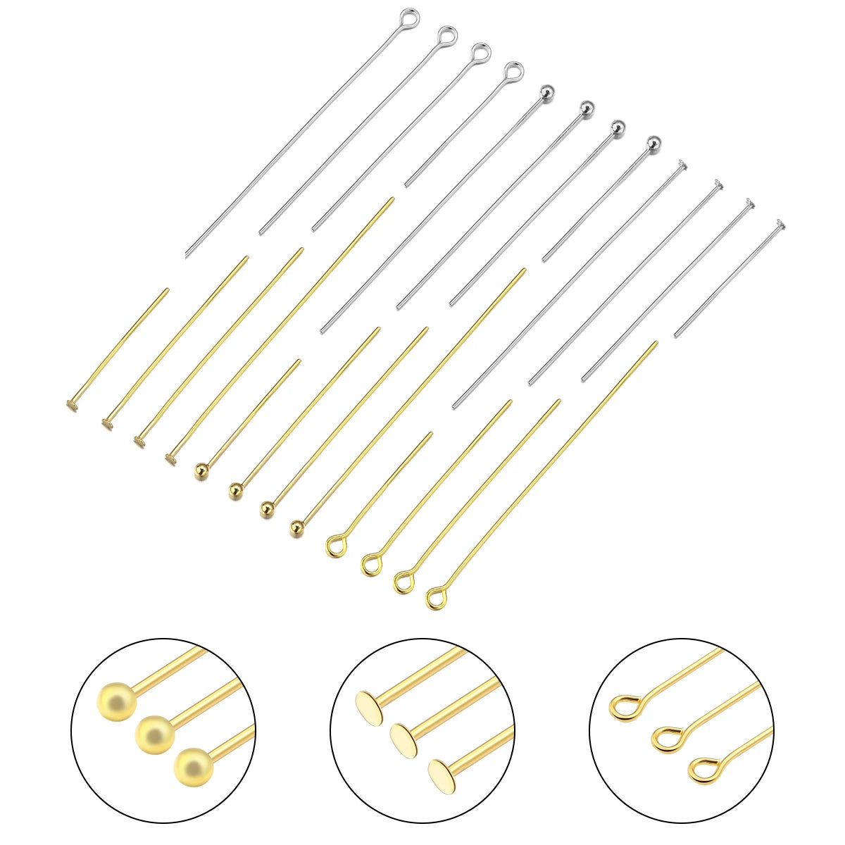 50-100 unids/lote 15-70mm alfileres de cabeza plana y de bola, de acero inoxidable y chapados en oro