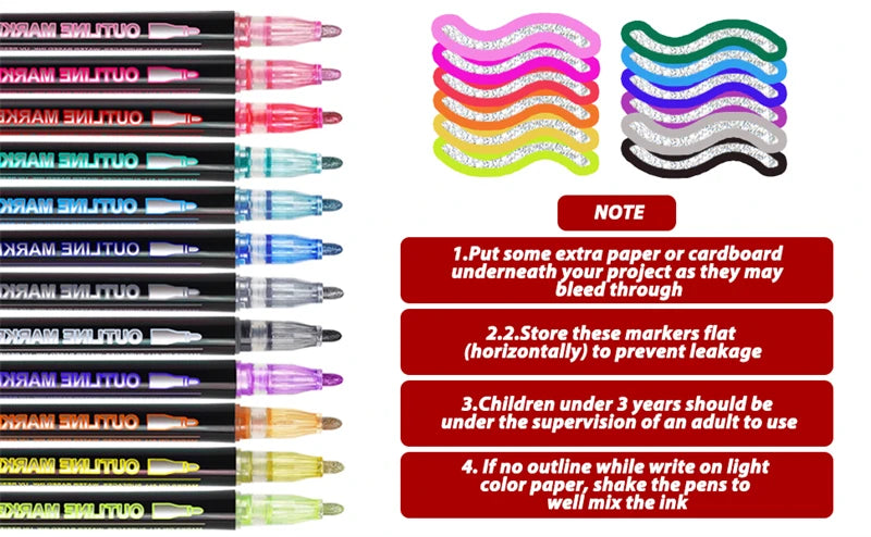 Rotuladores brillantes, bolígrafos de contorno para dibujar y escribir con purpurina 12/24