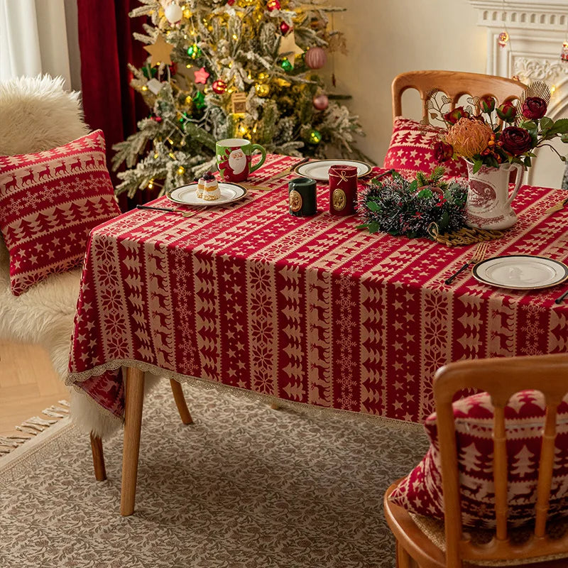Mantel rojo navideño,  Jacquard, encaje dorado