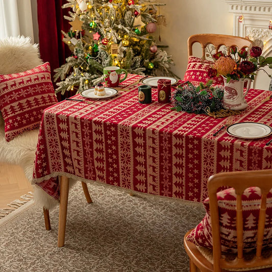 Mantel rojo navideño,  Jacquard, encaje dorado