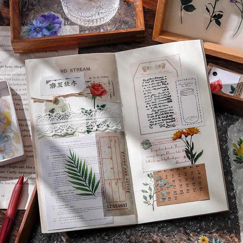40 hojas de stickers vintage de plantas y flores