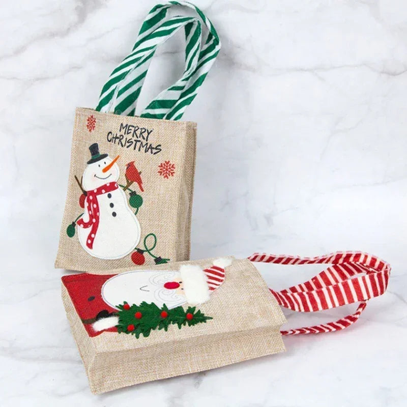 Bolsas de Navidad con estampado de muñeco de nieve y Papá Noel, de yute natural para regalo