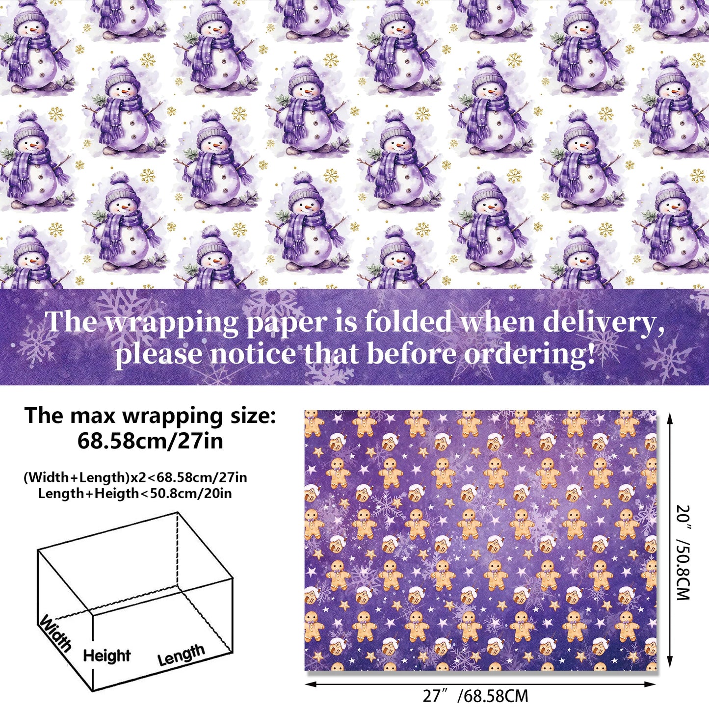 Papel  púrpura, papel de regalo de alta calidad, regalo Navidad, 12 pliegos