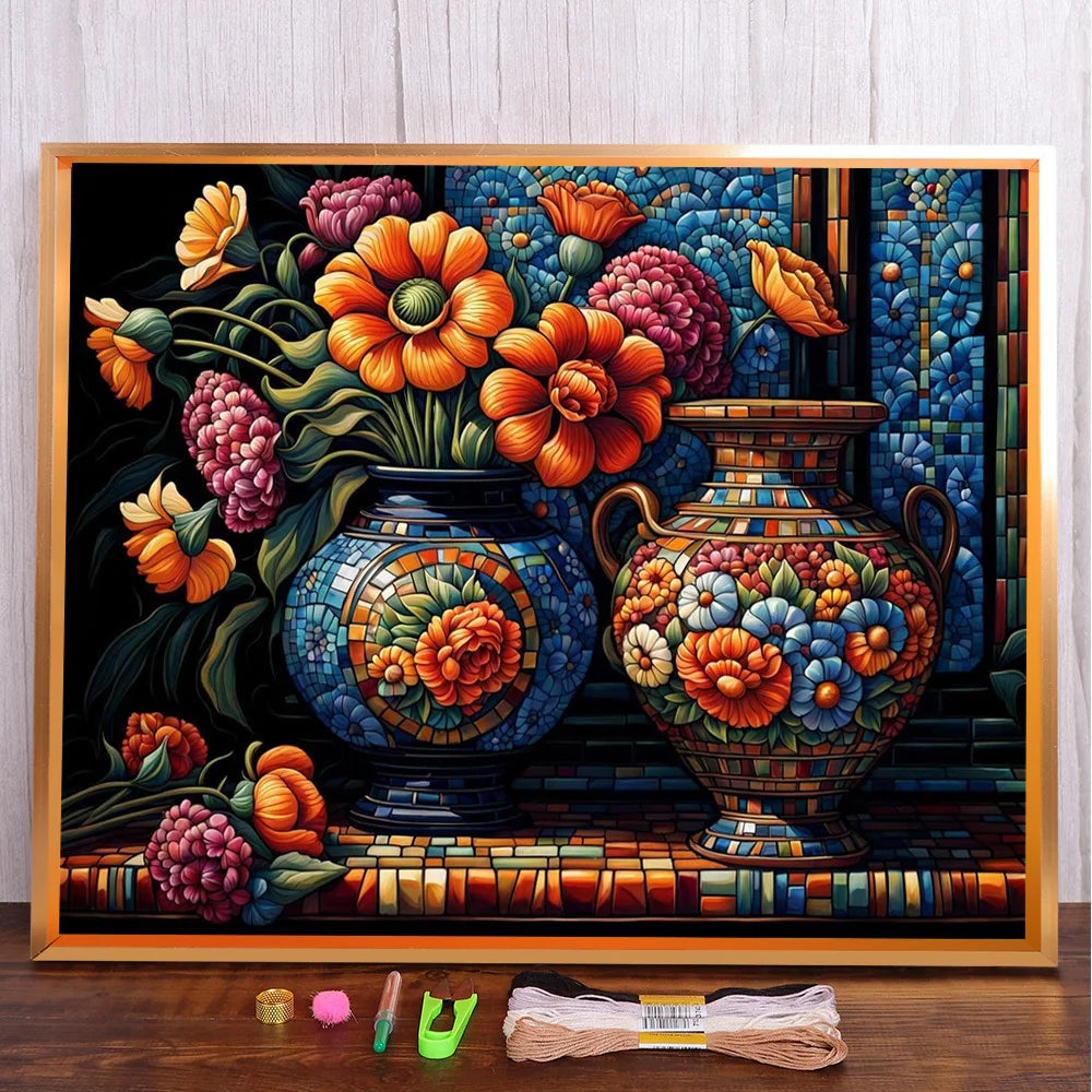 Flores-Kit completo de punto de cruz preimpreso