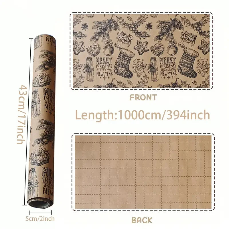 Papel de regalo de Navidad de 10 m/rollo, papel Kraft para embalaje