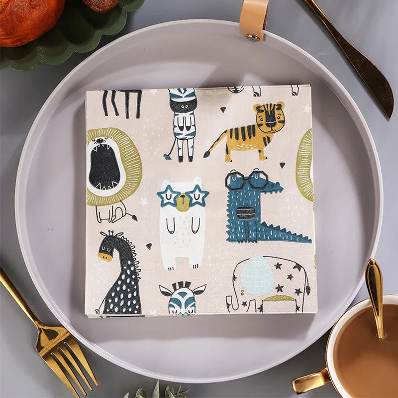 20 unids/pack de servilletas de papel con estampado de animales de dibujos animados, fiestas y decoupage