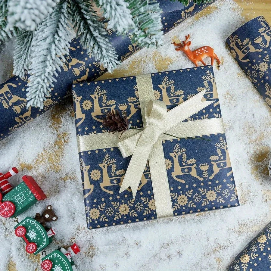 Rollo de papel de regalo navideño, copo de nieve, diseño de renos