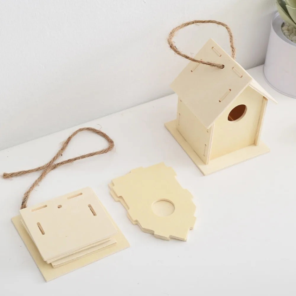 Casa para pájaros de madera con cuerda de cáñamo para colgar, pintar