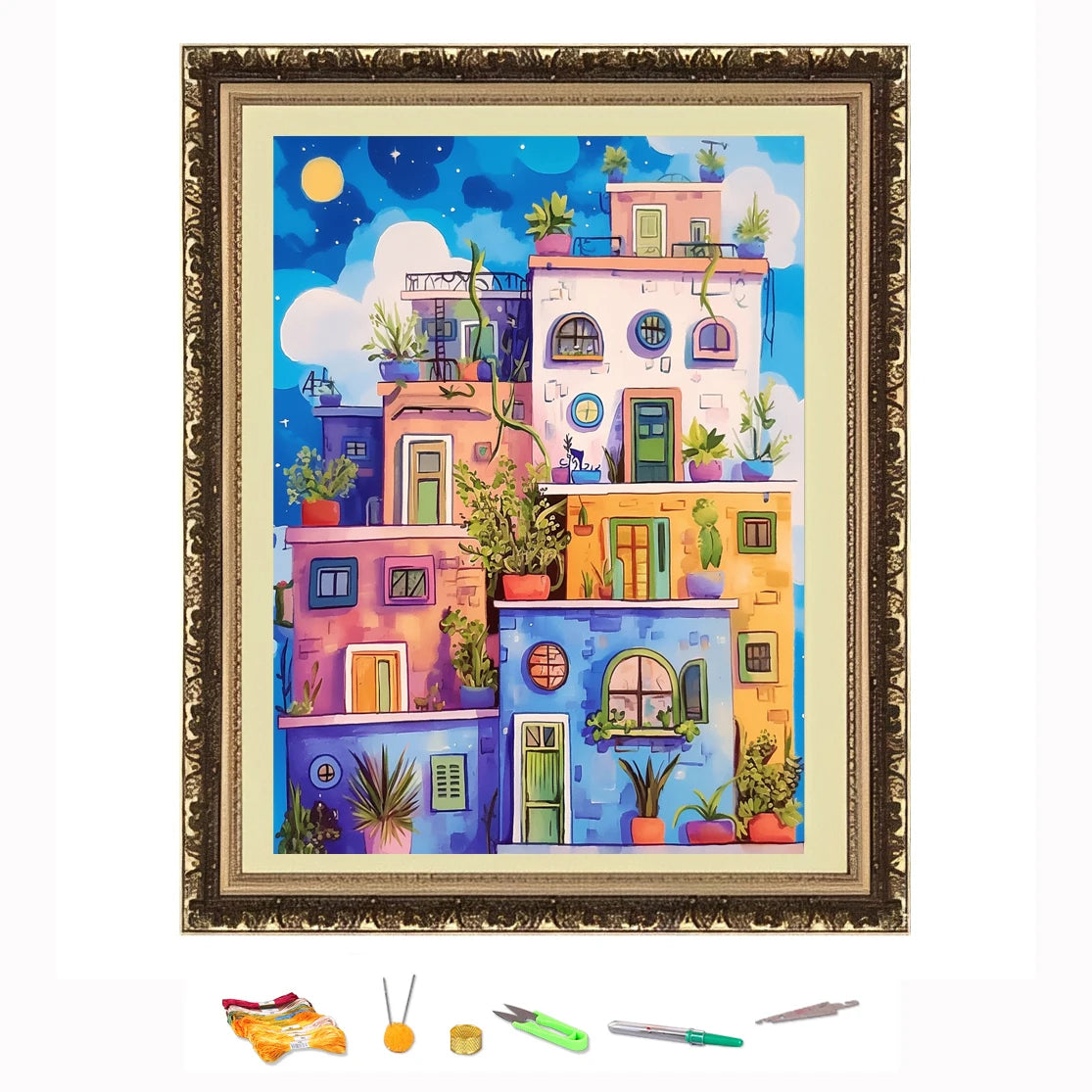 Bordado de punto de cruz, Kit de costura artesanal con dibujo de casas coloridas, decoración impresa en lienzo 11CT