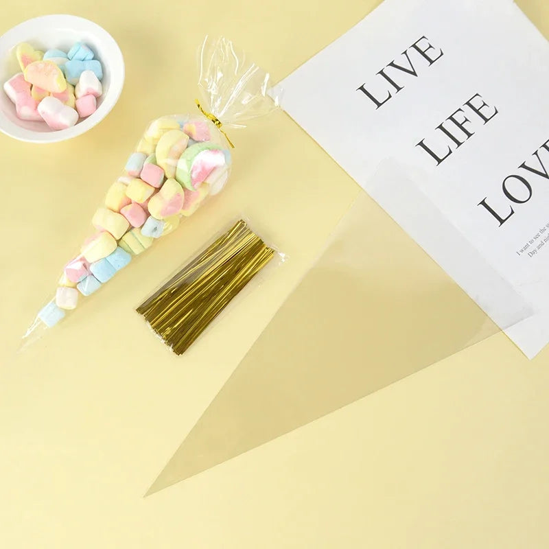 50 Uds. Bolsas de almacenamiento de dulces de cono transparente