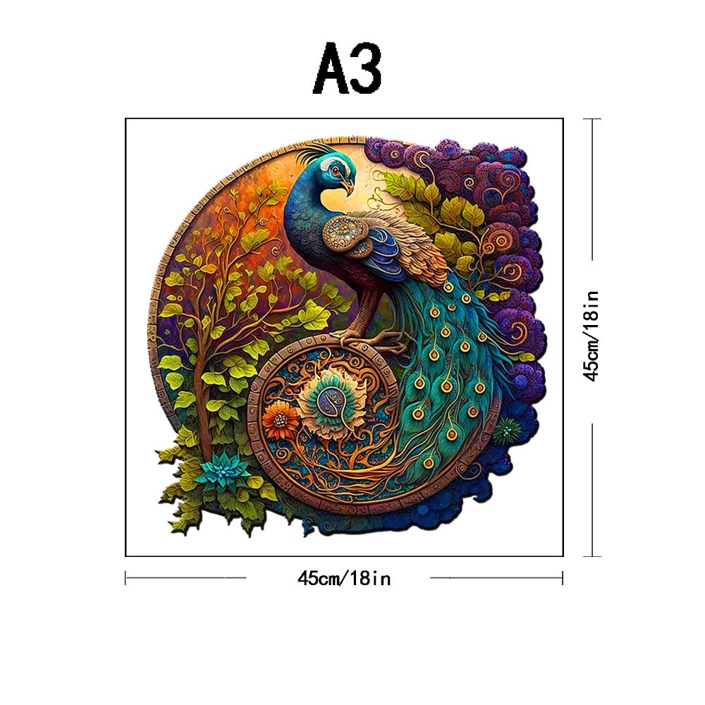 Rompecabezas redondo de madera  de pavo real, varios tamaños A3, A4, A5
