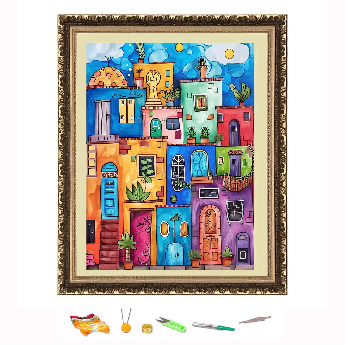 Bordado de punto de cruz, Kit de costura artesanal con dibujo de casas coloridas, decoración impresa en lienzo 11CT