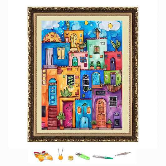 Bordado de punto de cruz, Kit de costura artesanal con dibujo de casas coloridas, decoración impresa en lienzo 11CT