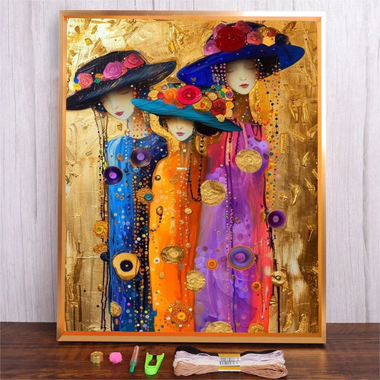 Kit de punto de cruz con patrón de niñas abstracta, juego de bordado de tela completamente impresa de 14 y 11ct
