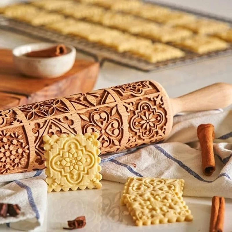 1 Uds. Rodillo navideño de madera con patrones de flores, de reno para pastelería, molde para galletas 3D en relieve