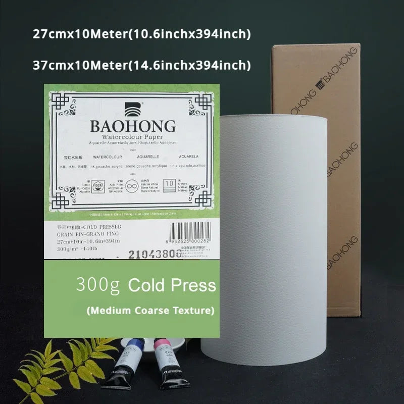 Rollo de papel de acuarela blanco natural, papel profesional, prensa en frío, rugoso, 100% algodón, 27 cm, 37 cm x 10 m, 300 g ﻿