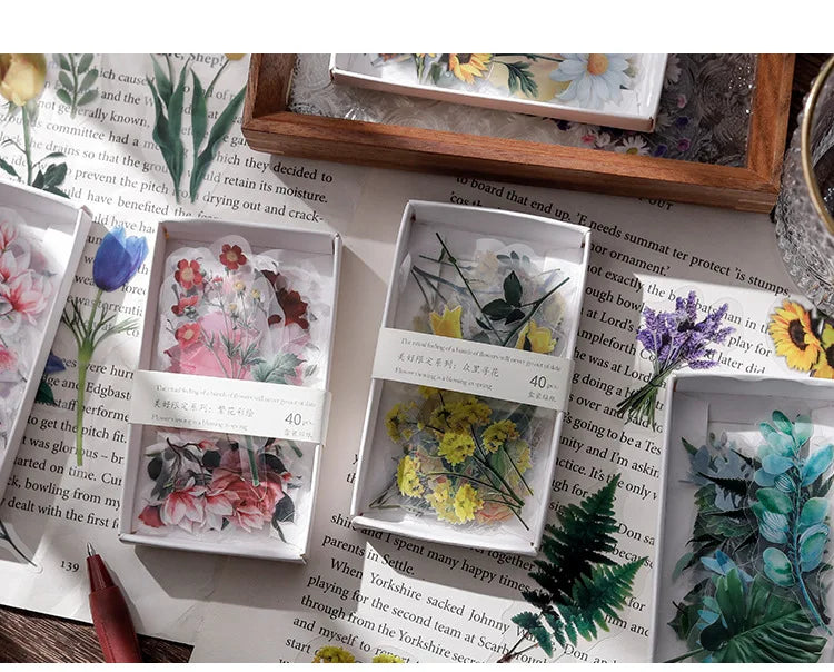 40 hojas de stickers vintage de plantas y flores