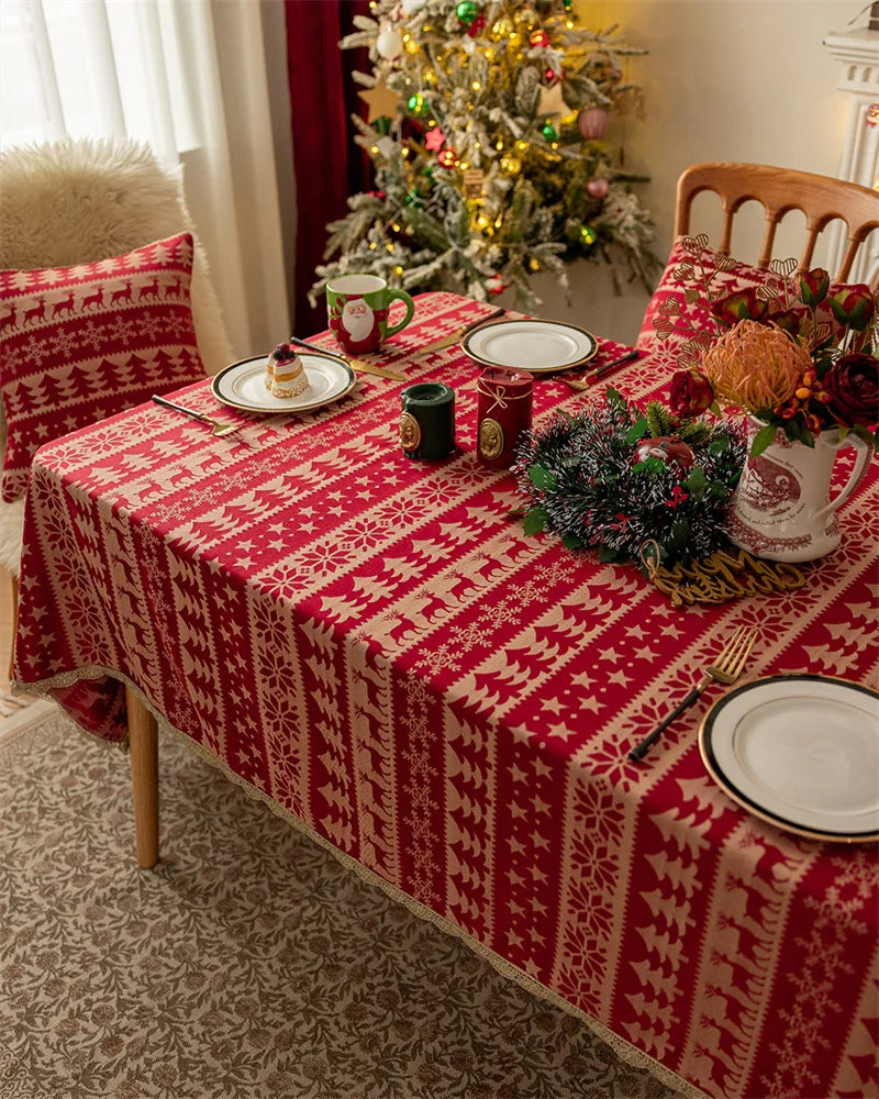 Mantel rojo navideño,  Jacquard, encaje dorado