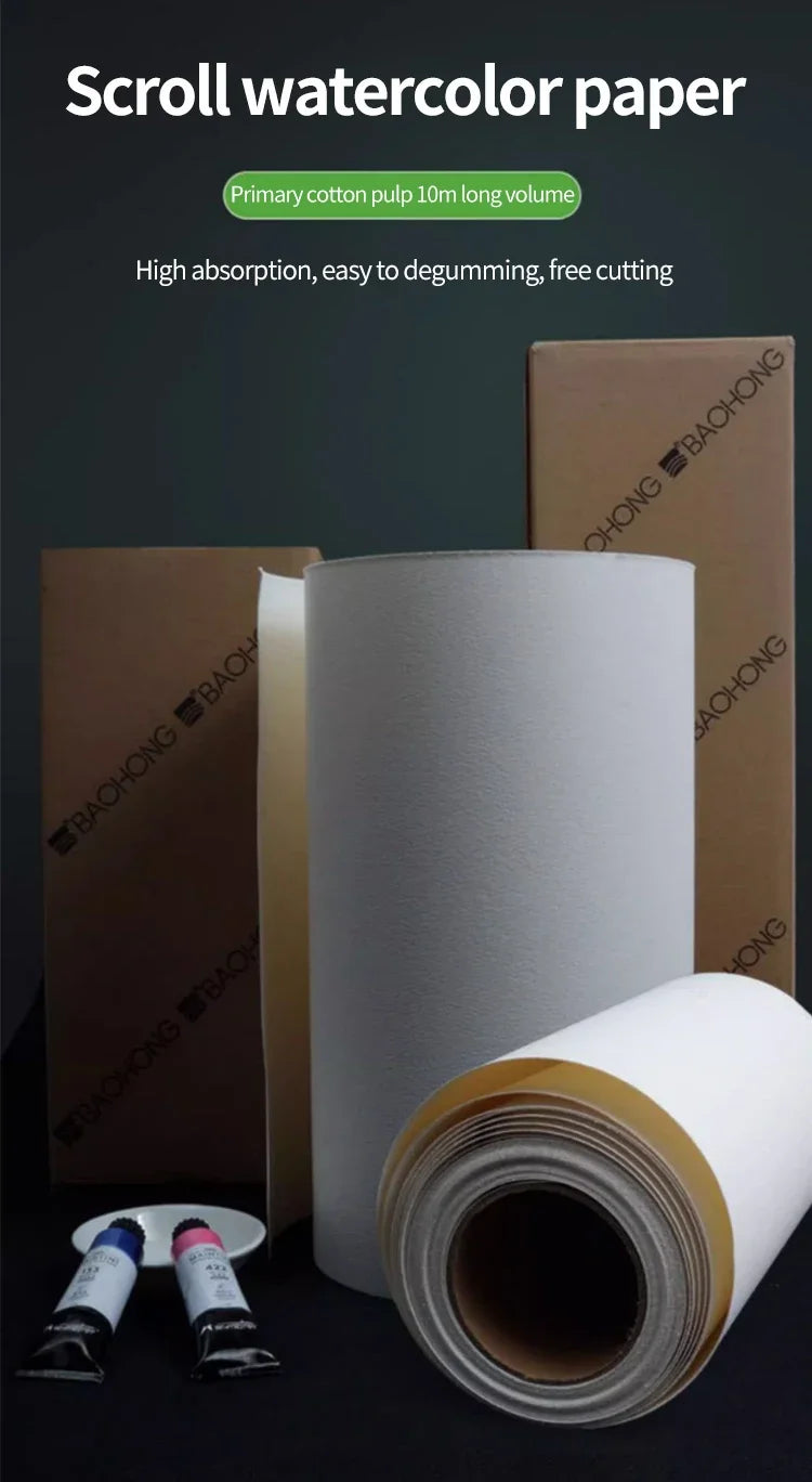 Rollo de papel de acuarela blanco natural, papel profesional, prensa en frío, rugoso, 100% algodón, 27 cm, 37 cm x 10 m, 300 g ﻿