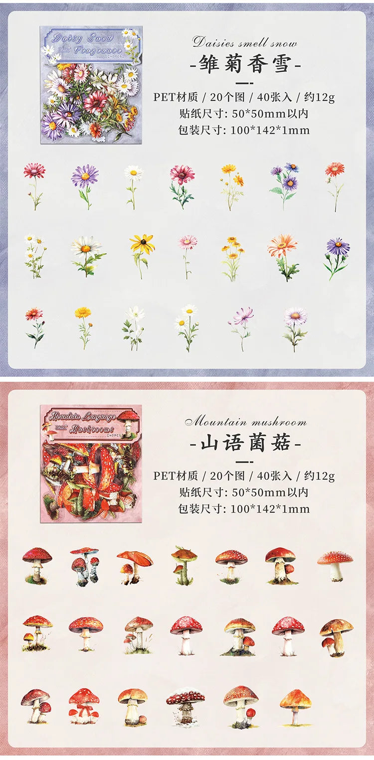 Paquete de pegatinas de jardín botánico, 40 Uds., calcomanías impermeables de plantas y flores