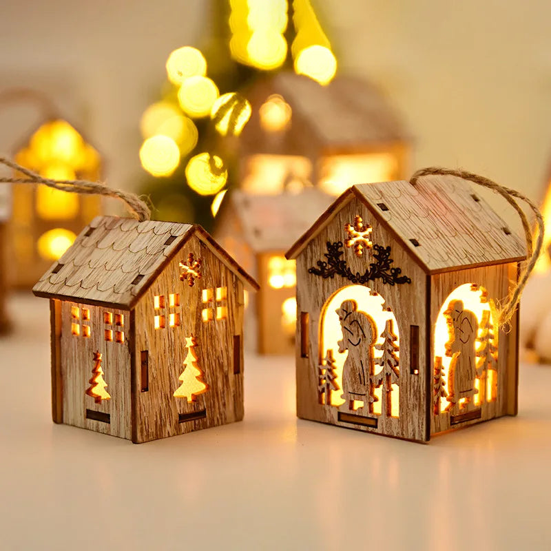 Casa iluminada de madera creativa, decoración de ventana de Navidad