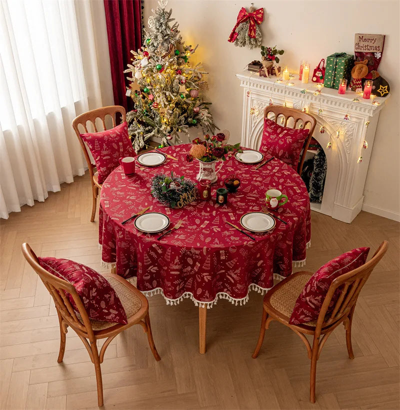 Mantel redondo navideño de Jacquard rojo, mantel impermeable con borde dorado de ciervo, con decoraciones de Navidad y forro de cojines