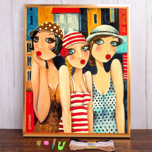 Kit de punto de cruz de tres mujeres, bordado completo impreso, hilo de algodón ecológico, juego de bordado de 11CT