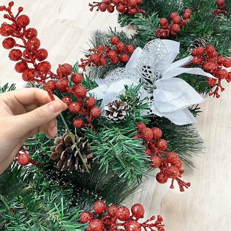 Brillo Artificial de Navidad, ramas de bayas rojas, polvo dorado, bayas de acebo, flores falsas, adornos de árbol de Navidad
