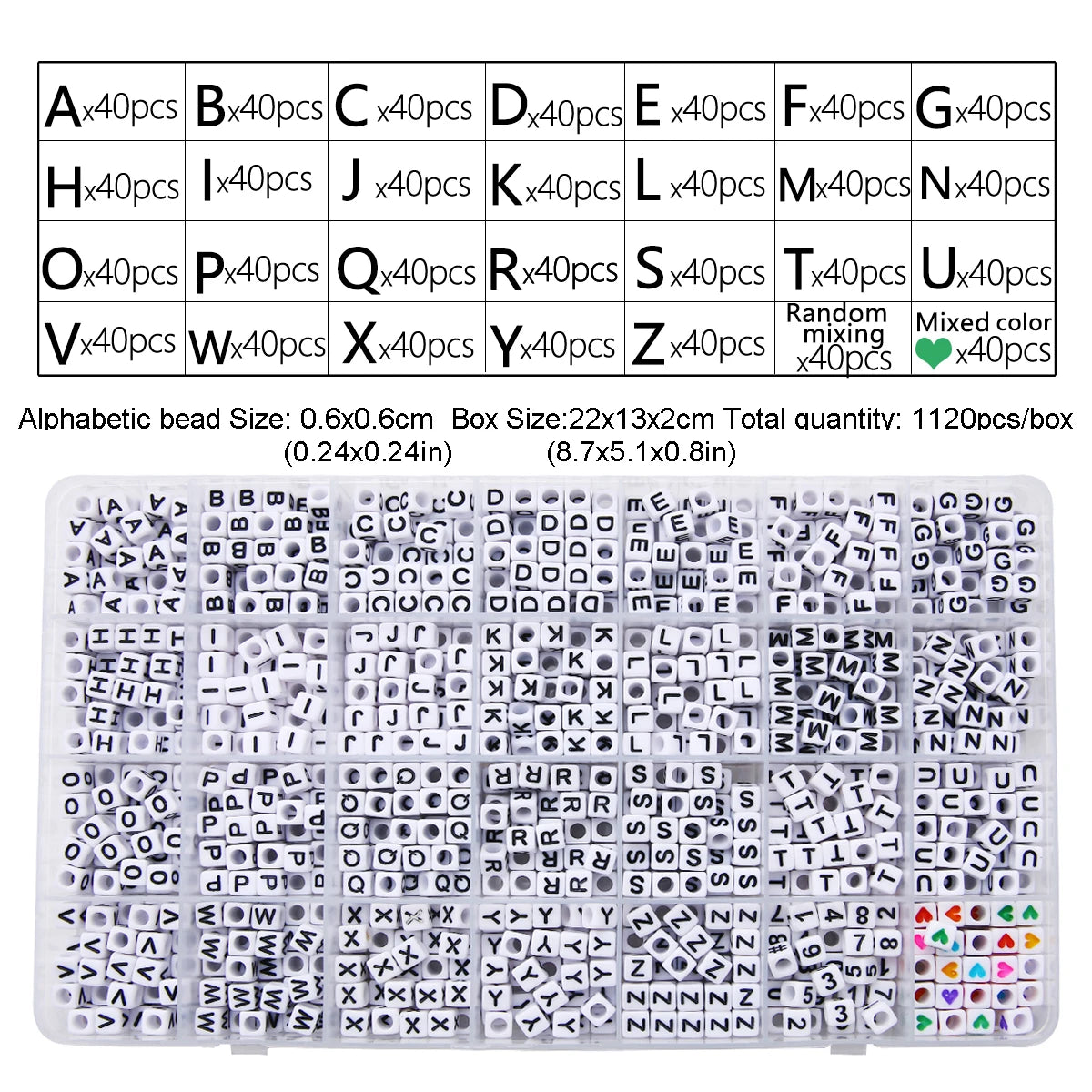 1120, 1200 1400 Uds. aprox. Cuentas acrílicas de 26 letras en forma de corazón, cuentas cuadradas, cuentas planas, material de joyería