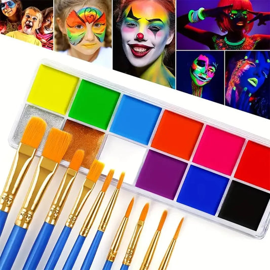 Kit de pintura facial, brillante UV de 12 colores, paleta fluorescente de neón de aceite de larga duración con pinceles, arte corporal, pintura facial nocturna