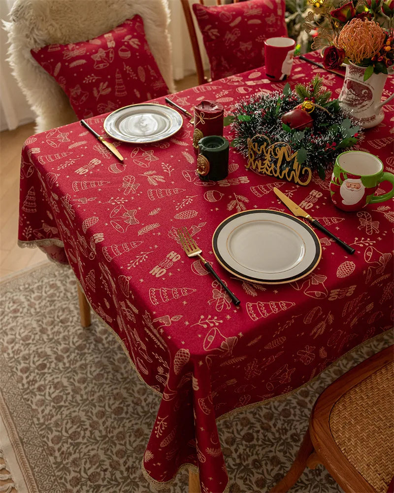 Mantel rojo navideño,  Jacquard, encaje dorado