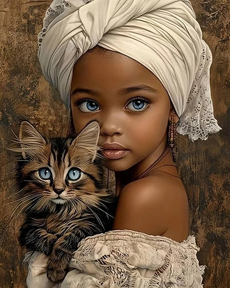 Rompecabezas de 500/1000/1200/2000 Piezas con Retrato de Niña Africana y Gatito